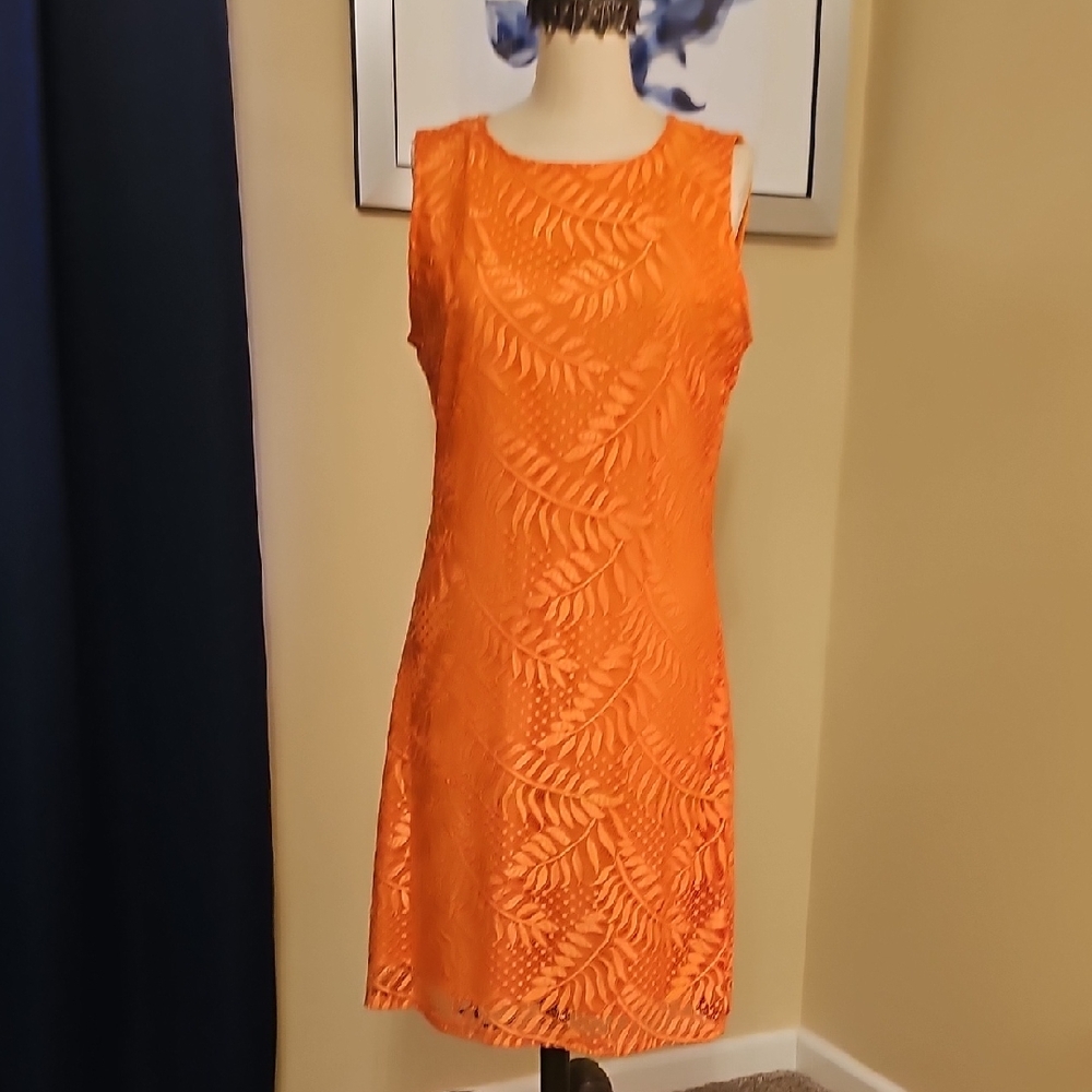 Sharagano Orange Leaf Pattern Mini Dress